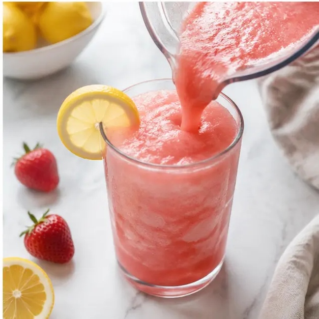 Step 4: Blending the strawberry mixture with ice to create a thick slush and serving