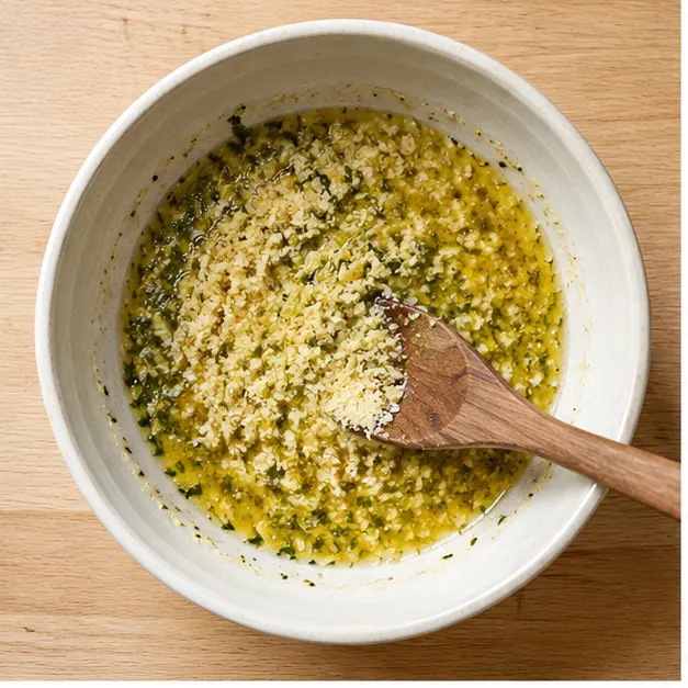 Step 1: Mixing melted butter, garlic, parmesan and herbs in a bowl