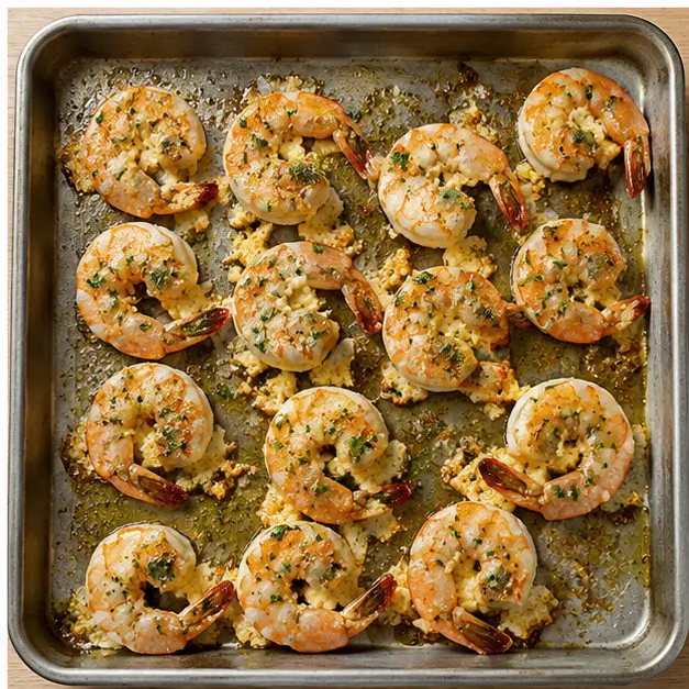 Step 4: Drizzling lemon juice and parsley over baked golden shrimp