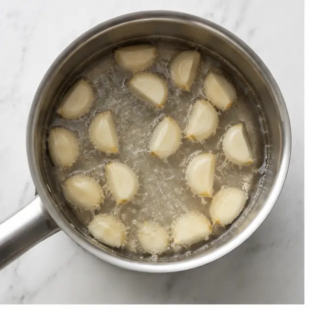 Step 1: Blanch halved garlic cloves in boiling water for 3 to 4 minutes