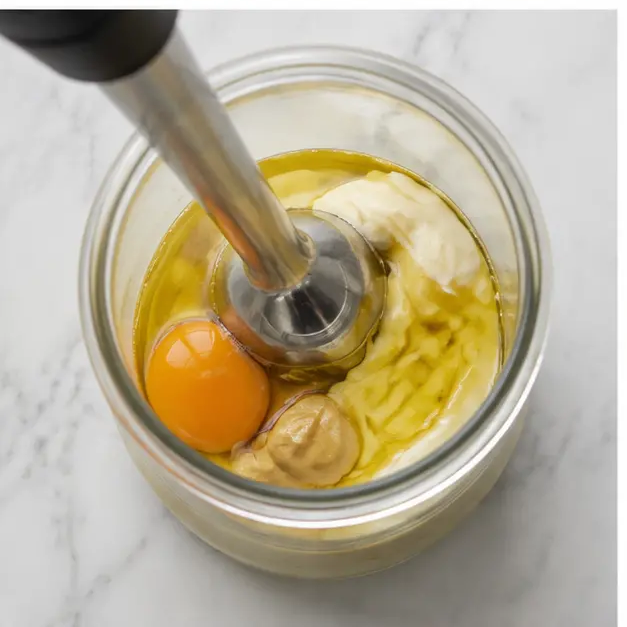 Step 3: Blend egg yolk, Dijon mustard and olive oil into a thick aioli