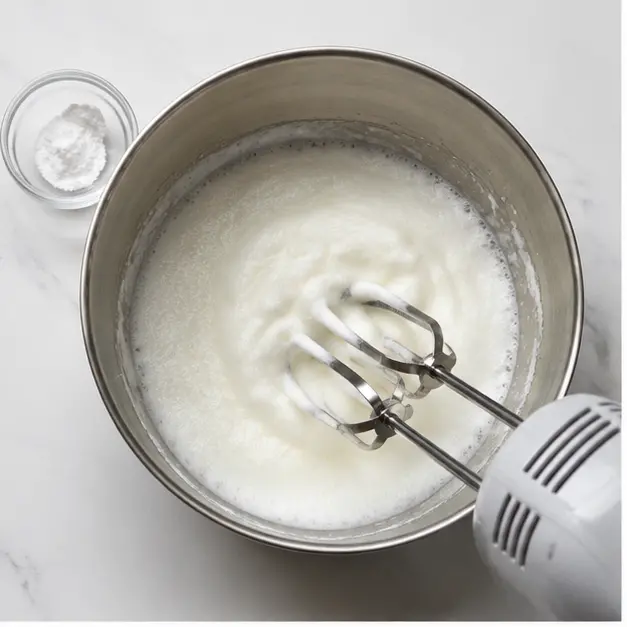 Whisking room temperature egg whites with cream of tartar to soft peaks