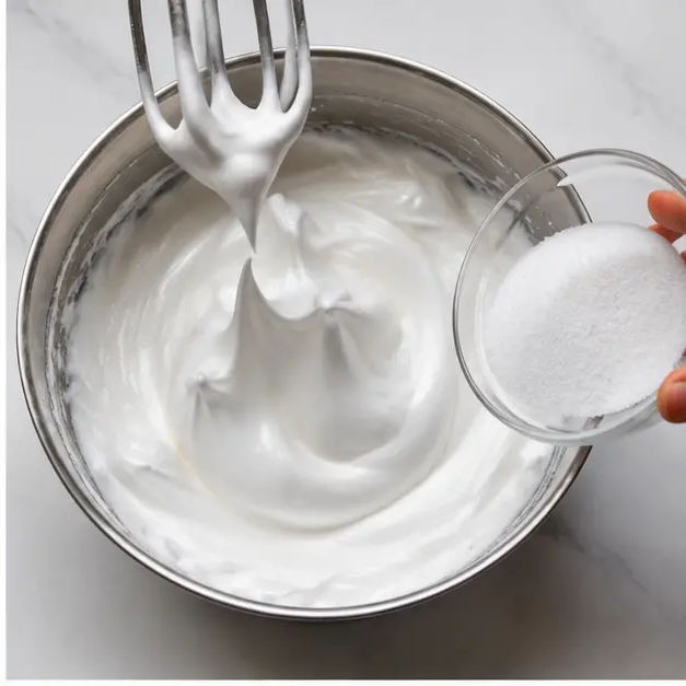 Beating glossy meringue to stiff peaks while adding sugar gradually