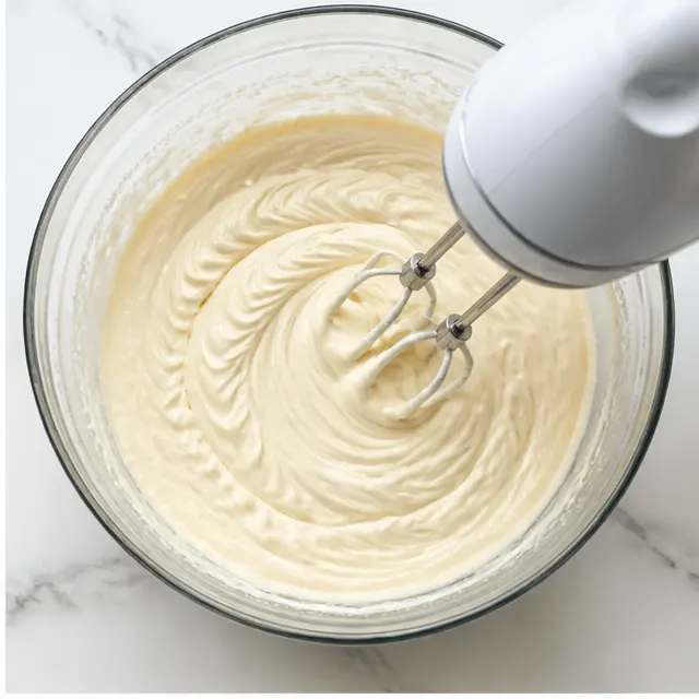 Beating the softened cream cheese and sugar until smooth and fluffy