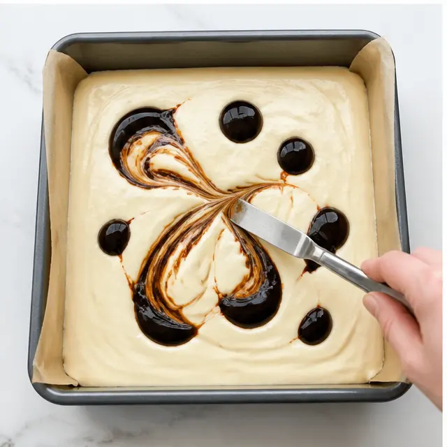 Dropping spoonfuls of molasses spice mixture onto the filling and swirling in figure eights