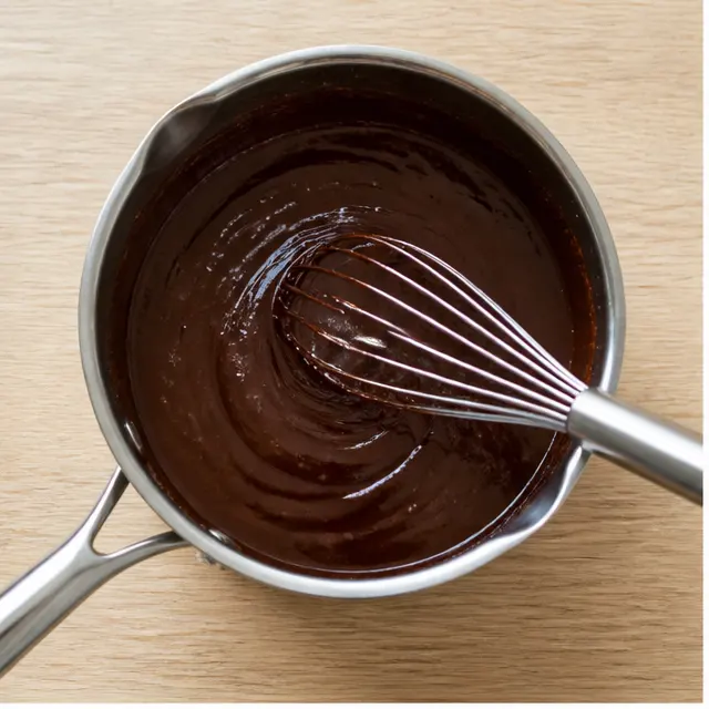 Step 1: Melting butter with cocoa powder into a glossy smooth mixture
