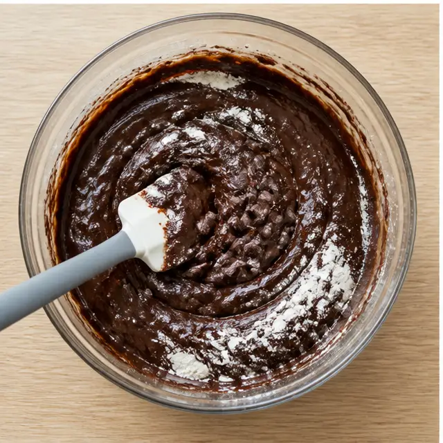 Step 3: Folding flour into the fudgy chocolate batter with a rubber spatula