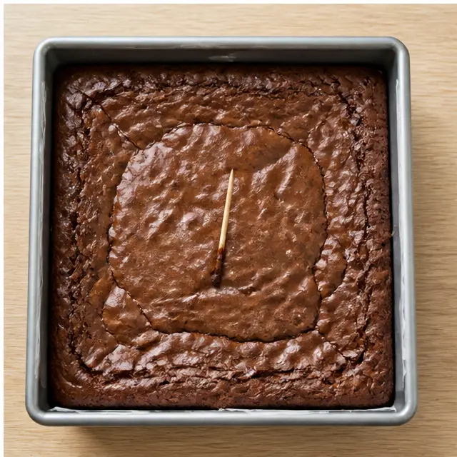 Step 4: Testing the baked brownies with a toothpick for moist crumbs