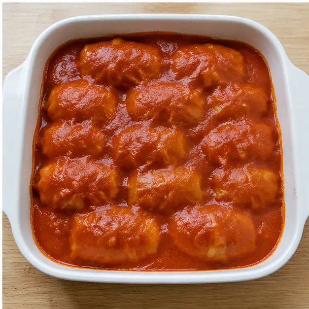 Nestle the filled bundles in the baking dish and pour over the tomato sauce