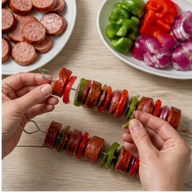 Step 2: Threading sausage and peppers onto skewers