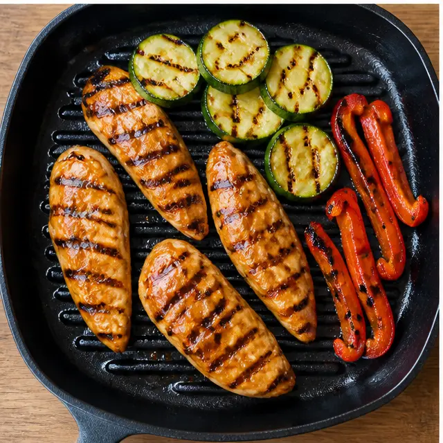 Grill the marinated chicken with charred pineapple and vegetables