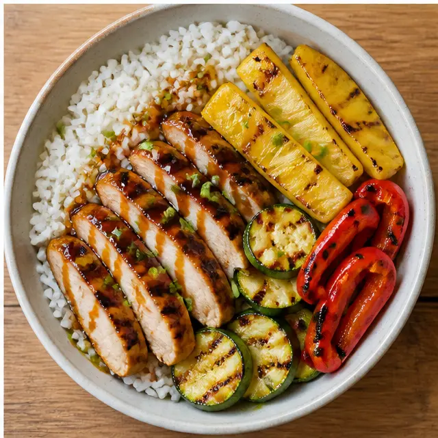 Assemble the bowls with coconut rice and teriyaki toppings