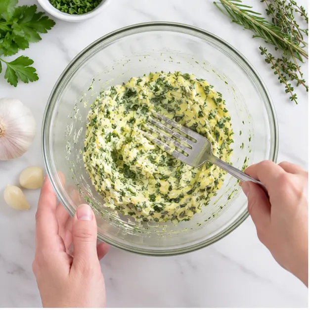 Mix softened butter with minced garlic and fresh herbs until combined