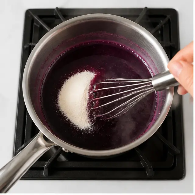 Step 1: Whisking gelatin powder into warm elderberry syrup