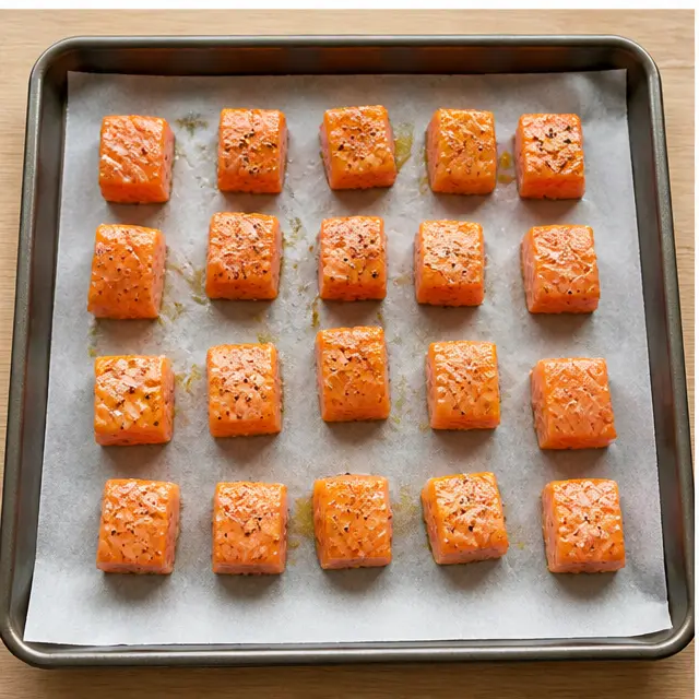 Step 3: Arranging seasoned salmon cubes on a baking sheet