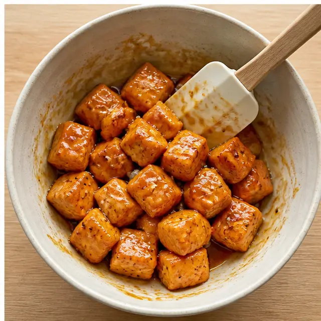 Step 4: Folding cooked salmon cubes into the sticky glaze