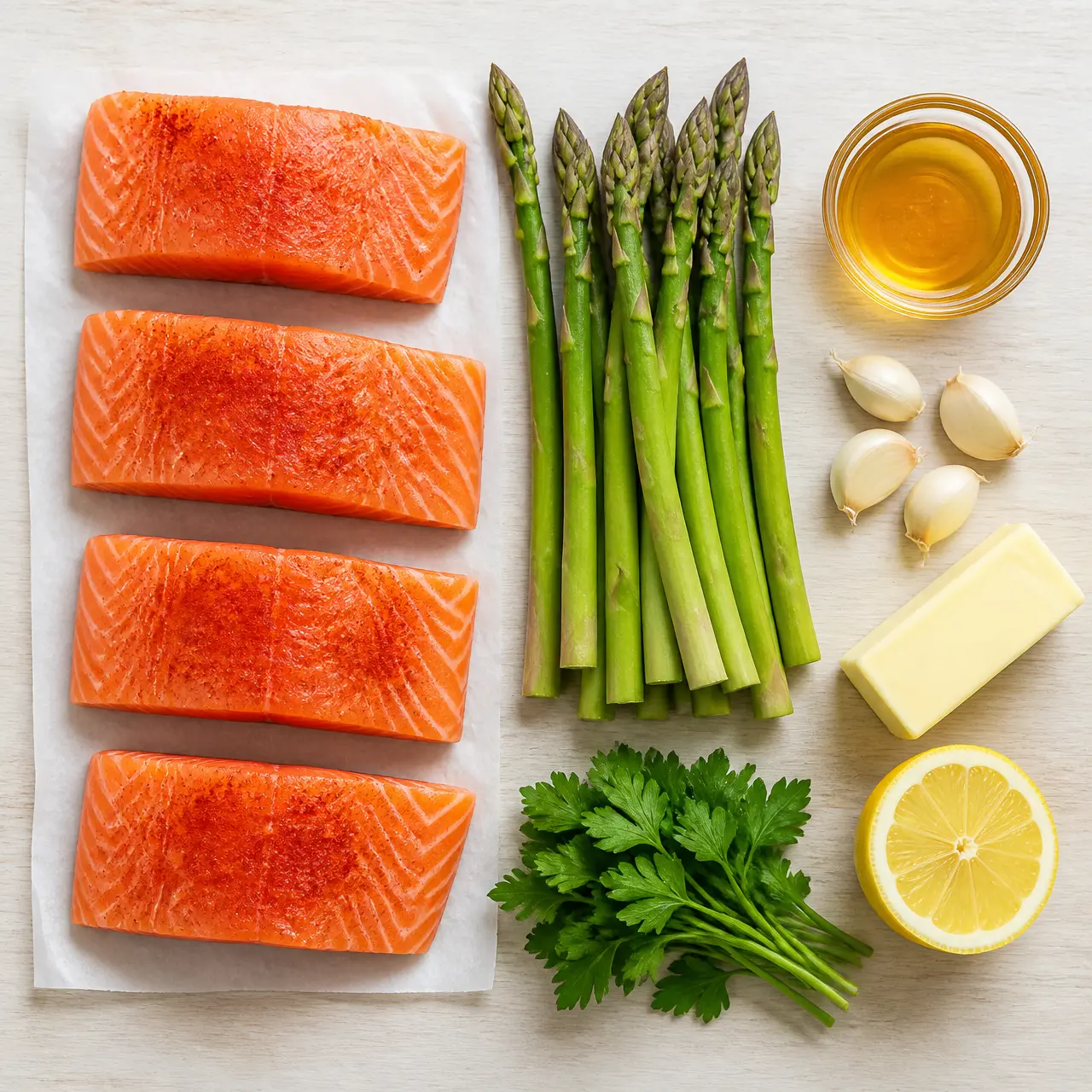 honey garlic salmon with asparagus - main ingredients