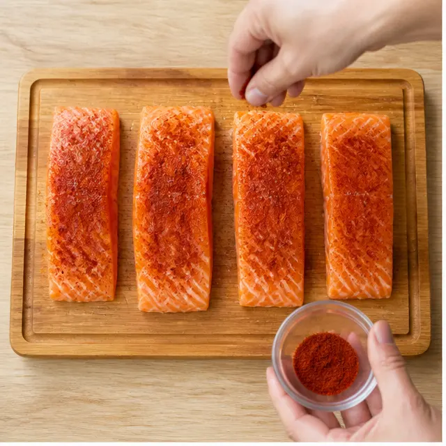 Step 1: Seasoning salmon fillets with paprika and salt