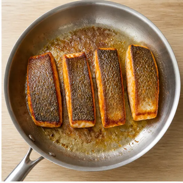 Step 2: Searing salmon skin-side down until golden and crisp
