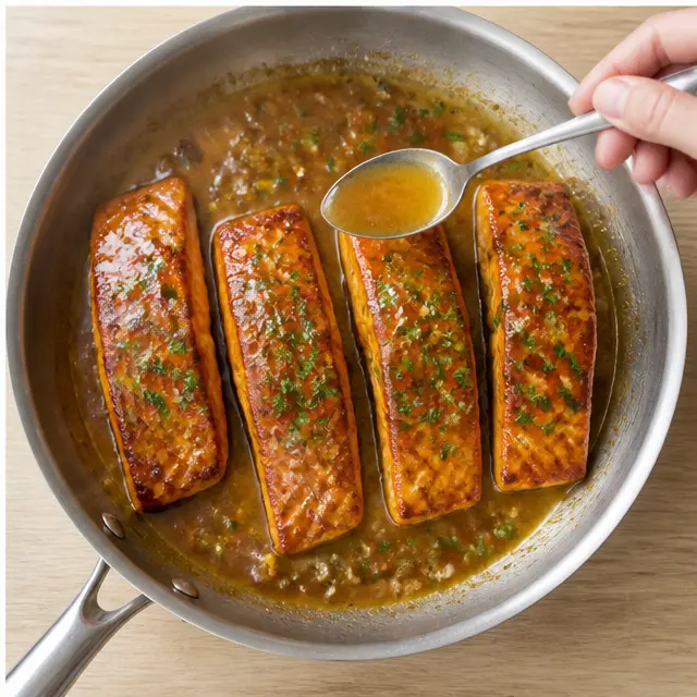 Step 4: Glazing salmon with glossy honey garlic butter and parsley