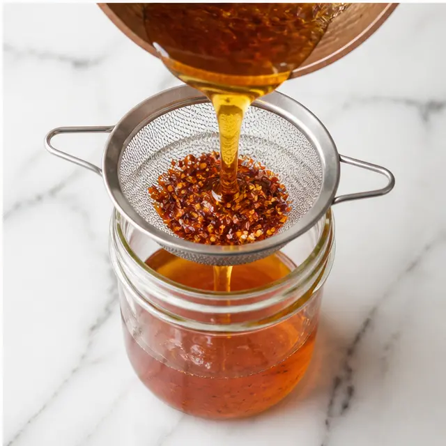 Step 4: Straining the finished hot honey through a fine mesh sieve into a clean glass jar