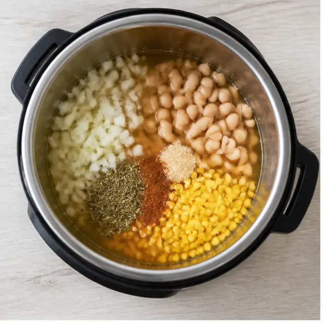 Adding onion, cannellini beans, corn, broth, and spices to the Instant Pot liner