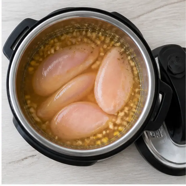 Placing raw chicken fillets on top of the liquid without stirring
