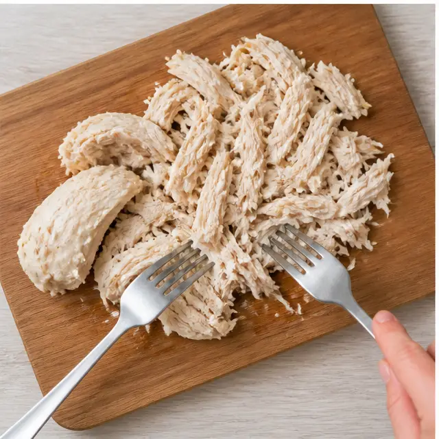 Shredding cooked chicken with two forks on a cutting board