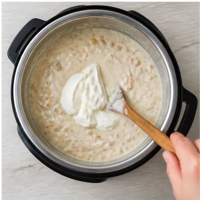 Stirring in Greek yogurt and cream cheese until creamy