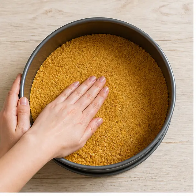 Step 1: Pressing buttered graham cracker crumbs into the bottom of a springform pan