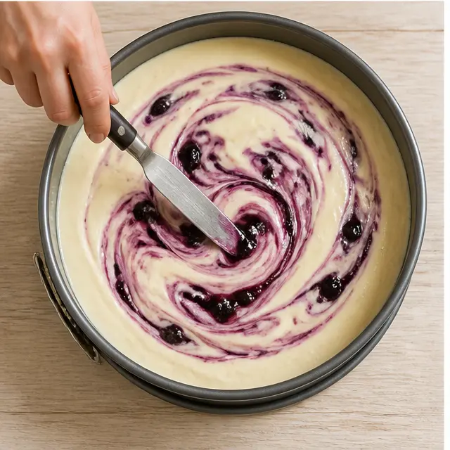 Step 3: Drawing a knife through blueberry preserves to create a marbled swirl