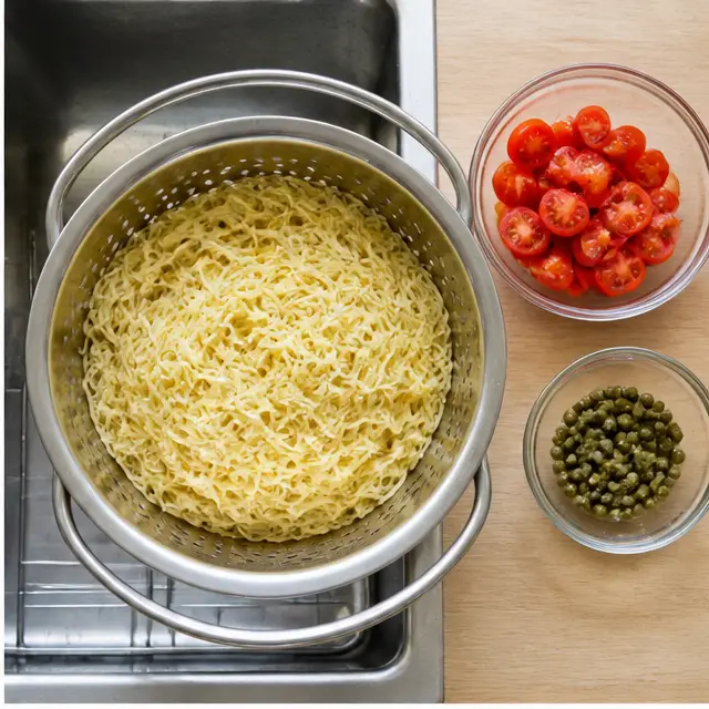 Step 2: Draining the cooked pasta with halved cherry tomatoes and drained capers ready to combine