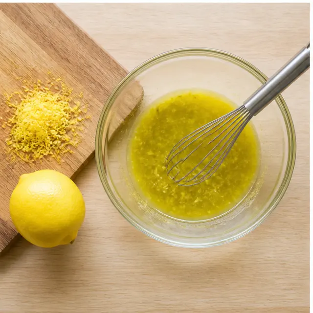 Step 3: Whisking the lemon vinaigrette with extra-virgin olive oil, fresh lemon juice, and lemon zest