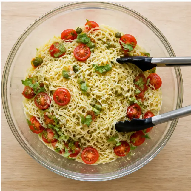 Step 4: Tossing the dressed pasta salad with torn fresh basil leaves until every strand is coated