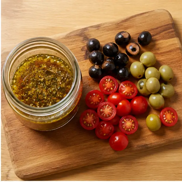 Whisk the red wine vinaigrette with garlic, oregano, and basil