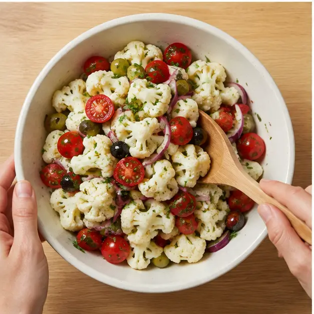 Toss the dry cauliflower with tomatoes, red onion, and olives
