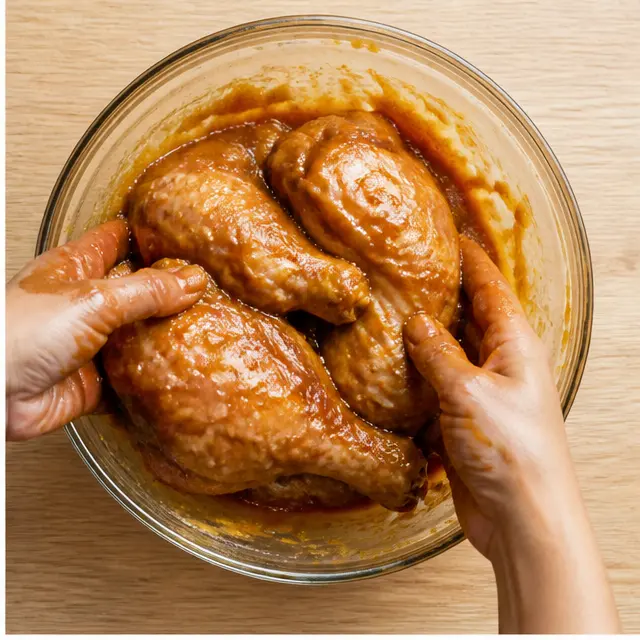 Coating chicken leg cuts in the sticky marinade