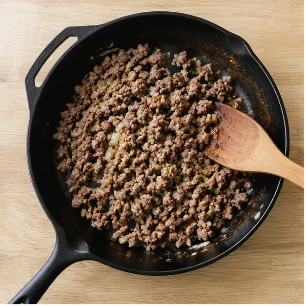 Step 1: Brown the ground beef and chopped onion in a large skillet until deeply caramelized