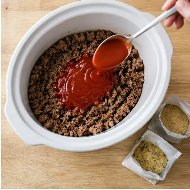 Step 2: Combine the browned beef with ketchup, ranch mix, au jus mix, and pepperoncini juice in the slow cooker