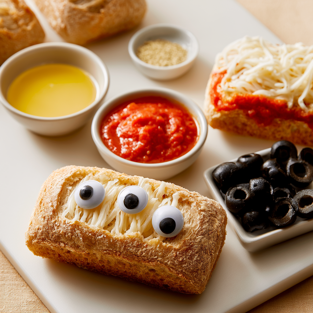 monster eye pizza ingredients including rolls, marinara, string cheese, and candy eyes