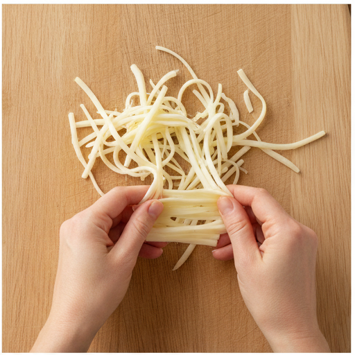 tearing string cheese strips for monster eye pizza
