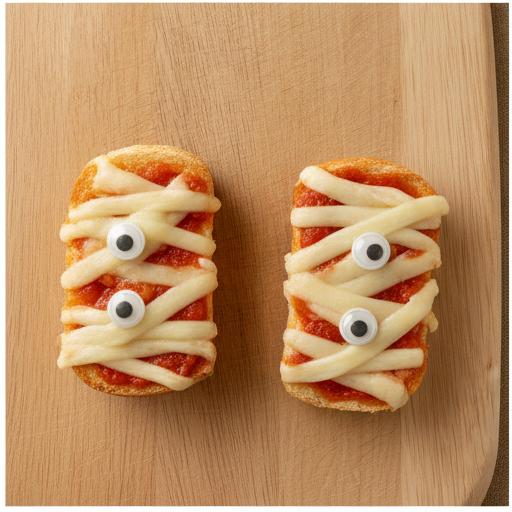 assembling monster eye pizza with cheese bandages