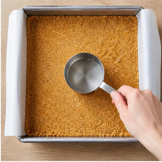 Pressing the crust into the lined pan