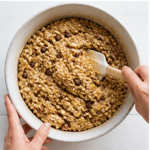 Step 3: Folding batter with raisins and walnuts until no flour remains