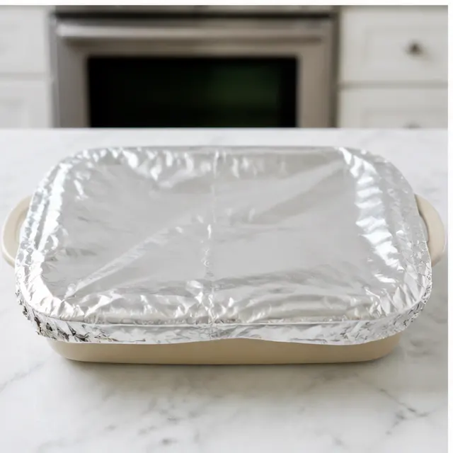 Step 3: Covering the dish with foil for the initial bake