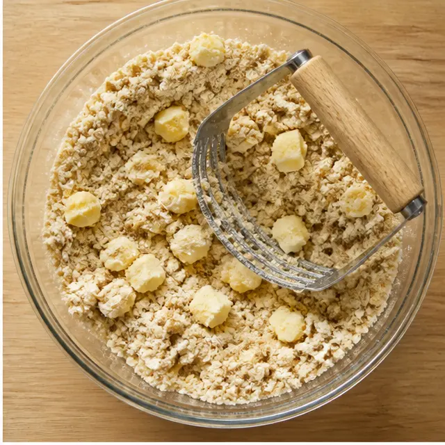 Step 2: Cutting cold butter cubes into the brown sugar, flour, and cinnamon mixture with a pastry cutter until coarse shaggy crumbs form