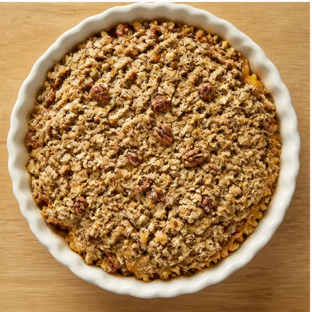 Step 3: Sprinkling the golden oat-pecan streusel clumps evenly over the peach filling in a cream ceramic pie dish before baking
