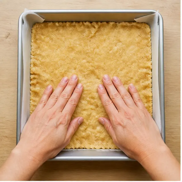 Step 1: Pressing the soft butter dough into a parchment-lined 9x9 pan