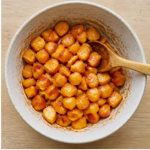 Step 2: Tossing diced peaches with brown sugar, cornstarch, and cinnamon
