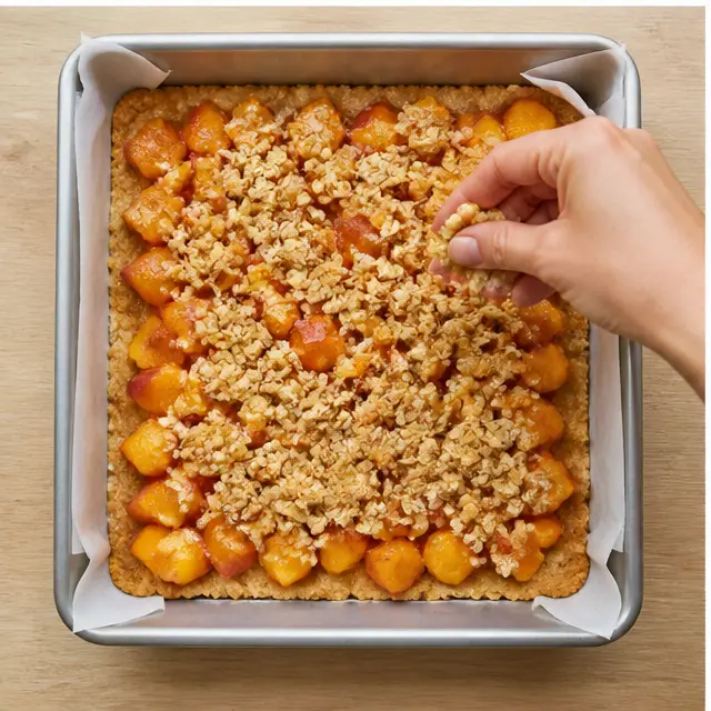 Step 3: Spreading peach filling over the crust and sprinkling oat streusel